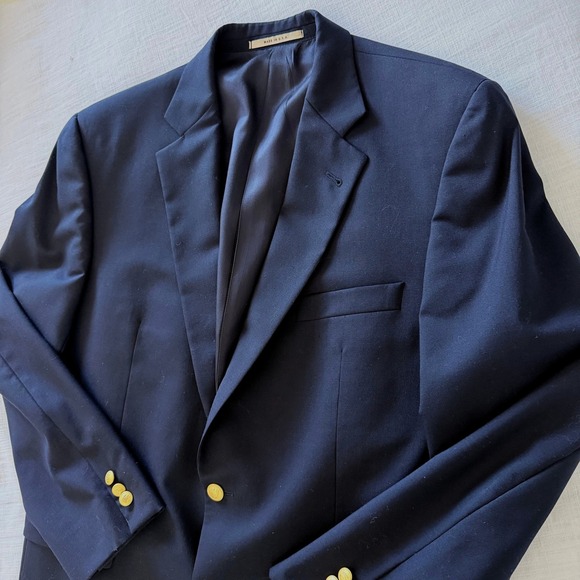 Burberry London Men's Navy Wool Kensington Blazer Jacket Gold Buttons Size 42R